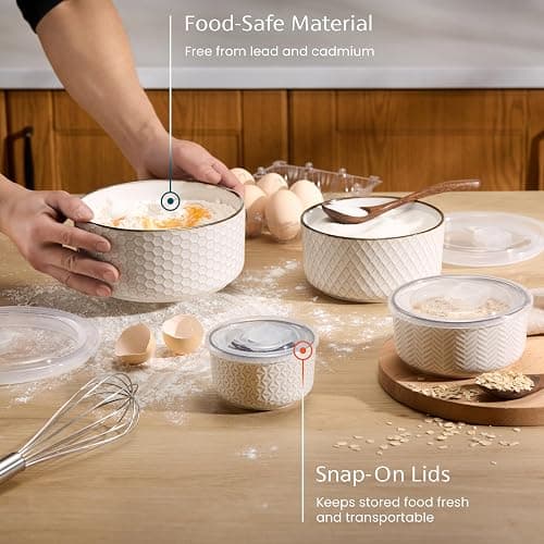 KooK Ceramic Nesting Bowls, with Lids, Serving, Set of 4, Embossed, Kitchen, Prep, Mix, Gift, Housewarming, Microwave and Dishwasher Safe, 10/16/29/47 oz, Narbonne Collection (Ivory) thumbnail 4