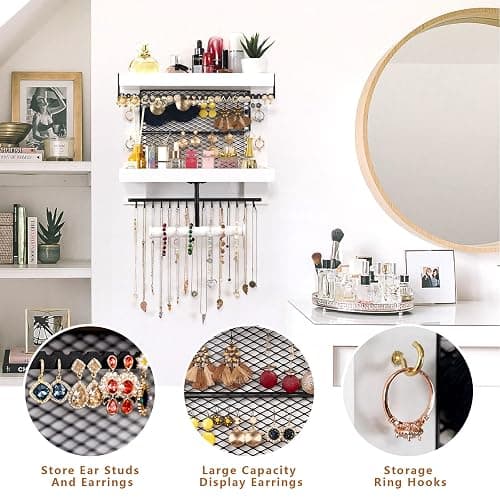 Pinzoveco Hanging Jewelry Organizer Wall Mounted, Vintage Style Double-layer Necklace Holder Organizer Display For Necklaces Bracelet Earrings Ring (White) thumbnail 5