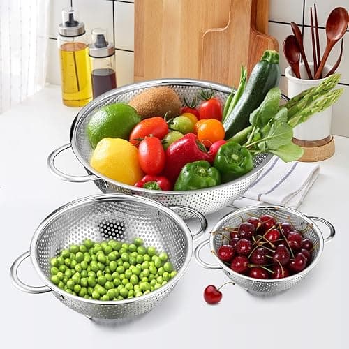 E-far Stainless Steel Colander Set of 3 (1-3-5Quart), Micro-Perforated Metal Colander Strainer with Handle for Kitchen/Draining Pasta/Rinsing Vegetables Fruits, Heavy Duty & Dishwasher Safe - 1 + 3 + 5 QT thumbnail 2