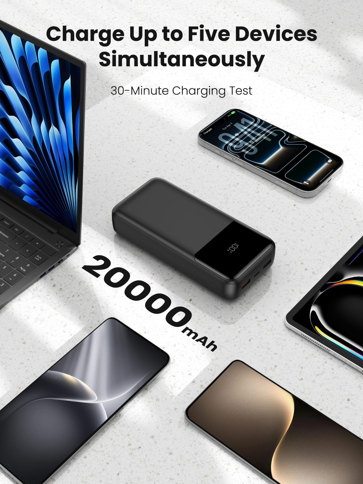 Power Bank 22.5W Fast Charging, 20000mAh Portable Charger Built-in Cables with USB-C 5 Outputs and 2 inputs Portable Charger, LCD Display Battery Charger for iPhone and Android Phones, iPad etc. thumbnail 3