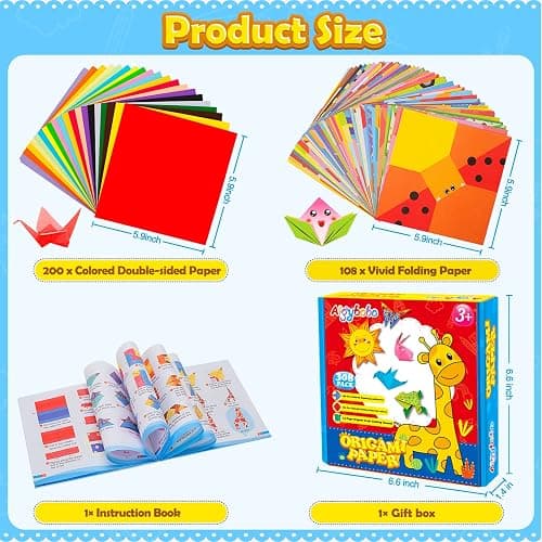 308 Sheets Origami Paper Kit for Kids Ages 5-8 8-12 with Instructional Book | Origami Projects for Beginners, DIY Art Craft Supplies for School Class Lessons, Christmas Birthday Gifts for Boys & Girls thumbnail 2