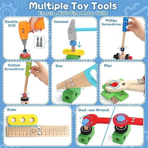 TONZE Wooden Kids Tool Set with Drill, Montessori Toys for 3 Year Old Boys | 44 Pcs with Apron & Box Easy Storage STEM Tool Set for Pretend & Fine Motor Skills Birthday Gifts for 3 4 5 Year Old Boy Girl thumbnail 4
