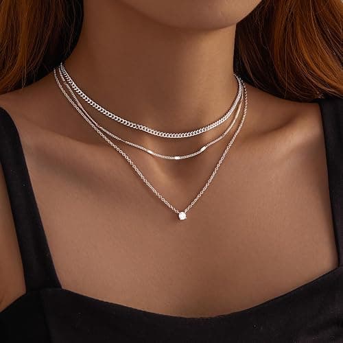 WomenGifts Layered Gold Necklaces for Women, 14K Gold Sterling Silver Plated Dainty Pendant Necklace Set with Cubic Zirconia Circle, Chunky Stackable Cuban Chain Choker, Trendy Waterproof Jewelry Gift thumbnail 2