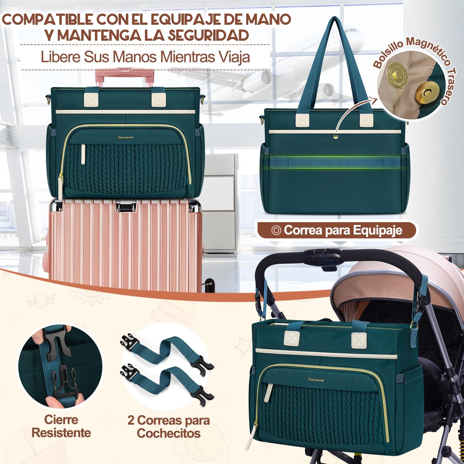 RAINSMORE pañaleras para bebe, Gran Capacidad e Impermeable Bolso Tote para Pañales con Bolso para Chupón y Cambiador Bolso Multifuncional para Viaje, Paseo y Mamá thumbnail 6