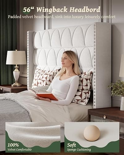 OHOHOLIVE King Size Bed Frame with 56" Headboard - Velvet Upholstered Wingback Platform Bed Frame, Noise Free, Sturdy Wooden Slat Support (Cream, King) thumbnail 5