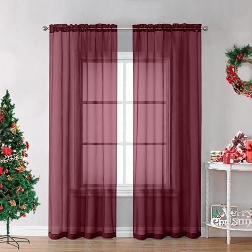 OVZME Burgundy Sheer Curtains 84 inch Length 2 Panels Set, Light Filtering Sheer Privacy Curtain Drapes, Rod Pocket Window Treatments Voile Curtains for Living Room Bedroom, 42" W x 84" L - Image 1