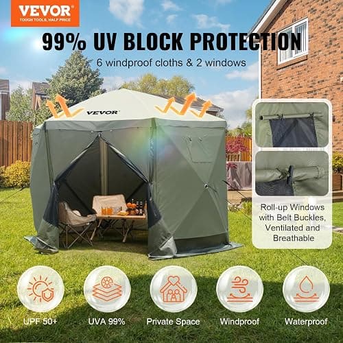 VEVOR Pop Up Gazebo Screen Tent 6 Sided Canopy Sun Shelter with 6 Removable Privacy Wind Cloths & Mesh Windows, 10x10FT Quick Set Screen Tent with Mosquito Netting, Army Green thumbnail 4