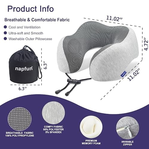 napfun Neck Pillow for Traveling, Upgraded Travel Neck Pillow for Airplane 100% Pure Memory Foam Travel Pillow for Flight Headrest Sleep, Portable Plane Accessories, Light Grey thumbnail 2