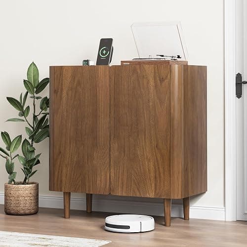 Smuxee Walnut Sideboard Cabinet, Freestanding Buffet Cabinet with Curved Edge Design, Wood Storage Cabinet with Adjustable Shelf for Living Room, Hallway, Entryway - Image 1