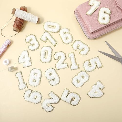 20PCS Chenille Number Patches, Iron on Numbers 0-9 Gilter Varsity Patches Embroidery Self-Adhesive White Applique for Team Jerseys Sports Football Jeans Bags Decors thumbnail 2
