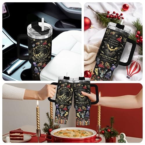 34HD 40oz Fantasy Gothic Tumbler With Handle – Velaris Quote Stainless Steel Insulated Cup With Straw, Starry Night Magic Crystals Design thumbnail 7