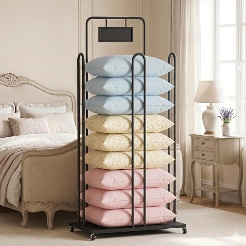 lukar Pillow Holder Rack, Rolling Pillow Storage Rack with Billboard Holder | Metal Pillow Display Stand, Commercial Throw Cushion Quilts Storage Organizer for Retail Store, Mall, Home, Hotels thumbnail 6