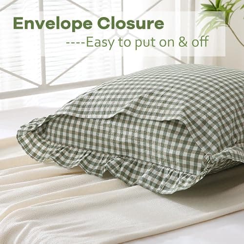 K MASANIJI 2 Pack Sage Green White Plaid Ruffle Pillow Shams Standard Size, 100% Washed Cotton Gingham Checkered Farmhouse Pillowcases for Bed/Sofa - 20"x26" thumbnail 4
