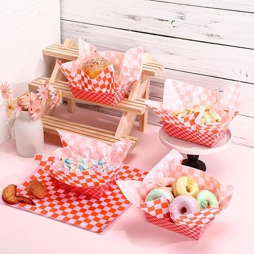 Geosar 100 Pcs Gingham Party Supply Disposable Paper Food Tray Bulk Disposable Food Boat with Checkered Wax Paper Sheet Checkered Wrapping Supply for Carnival Picnic Birthday Party (Orange Pink) thumbnail 4