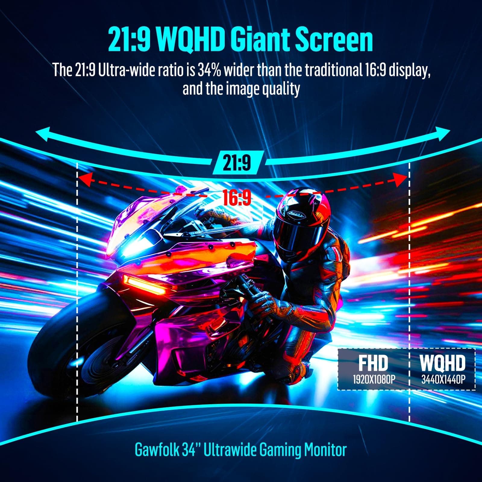Gawfolk 34 inch Curved ultrawide Gaming Monitor, UWQHD 3440x1440, 1500R Curvature 165hz Refresh Rate Curved Computer Screen with FreeSync and Eye Care Technology, Liftable Stand thumbnail 2