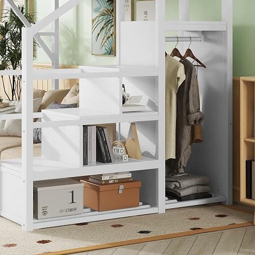 KEIKI Full Size Metal Loft Bed Frame with Convertible Staircase, Built-in Storage Shelves & Wardrobe, Loft Bed with Solid Slats & Guardrail, No Box Spring Required, Easy Assembly, for Bedroom, White thumbnail 6