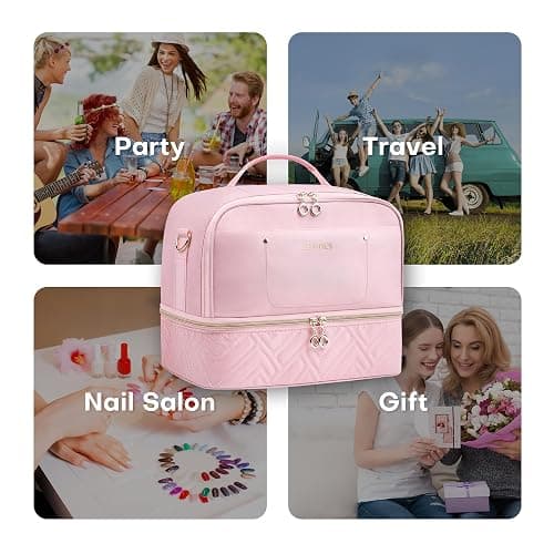 Leudes Nail Polish Organizer and Storage Holder 42 Bottles&Manicure Kit &Nail Lamp,Nail Stuff Bag Organizer Travel Case for Nail Tech Supplies Accessories Manicure Tools (Pink) thumbnail 9