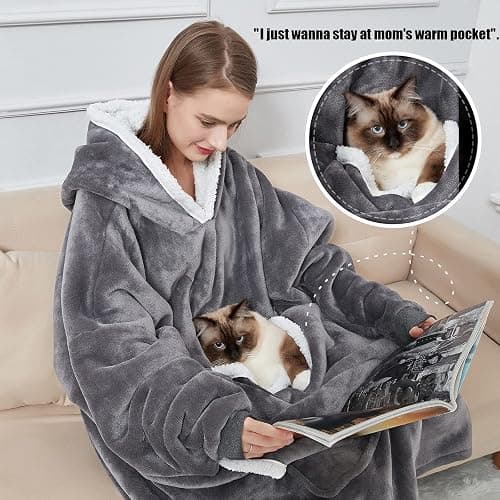 Cozystar Wearable Blanket Hoodie with Giant Pocket （Pet Won't Leave） Extra Soft Sherpa Fleece Thick Warm ＆ Cozy Oversized Sweatshirt Blanket Jacket with Sleeves-Grey thumbnail 2