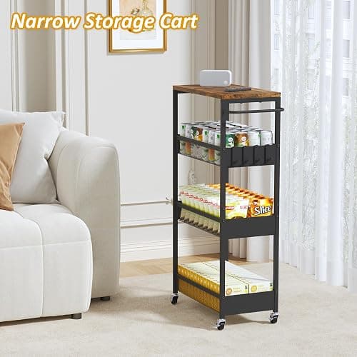 9.1" Wide Slim Rolling Utility Cart, 4 Tier Metal Narrow Storage Cart with Handle and Wood Top, Multifunctional Small Mobile Shelf Unit Organizer Trolley for Laundry, Bathroom, Kitchen thumbnail 5