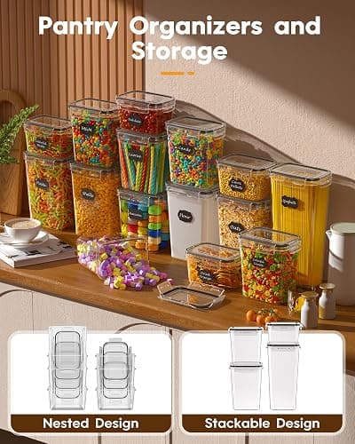 KEMETHY 15 Pack Airtight Food Storage Containers with Lids, Kitchen Pantry Organizers and Storage, BPA-Free Plastic Food Canisters for Cereal, Flour, Sugar, Pasta, Dry Food, Include Labels & Marker thumbnail 6
