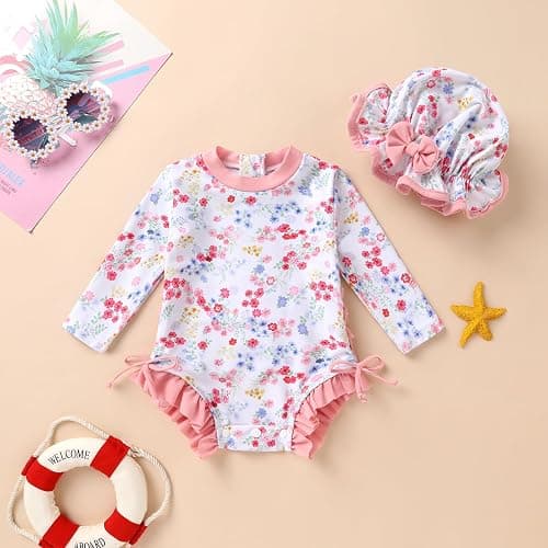 Infant Baby Swimsuit Girl Long Sleeve UPF 50+ Sun Protection One-Piece Rash Guard with Hat Zipper Bathing Suit thumbnail 2