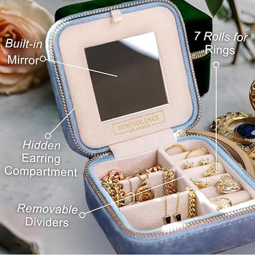 Benevolence LA Plush Velvet Jewelry Box | Travel Jewelry Case Organizer with Mirror | Featured in Oprah's Favorite Things | Best Gifts For Daughter, Girlfriend, Mom | Gifts For Her - Periwinkle Blue thumbnail 5