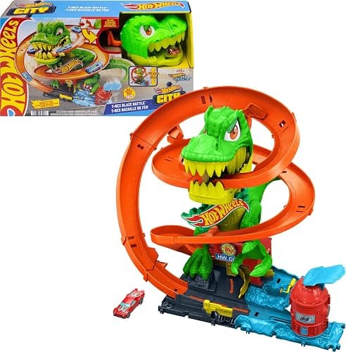 Hot Wheels Toy Car Track Set, City T-Rex Blaze Battle Playset & 1:64 Scale Die-Cast Vehicle, 18” Tall, Multiple Race Outcomes, Spinning Dinosaur Eyes - Image 1