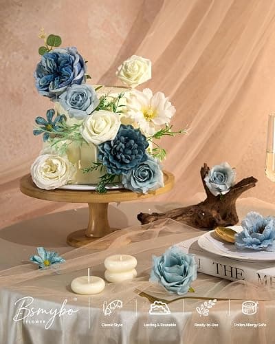Artificial Blue Flowers Combo Box Set Baby Blue Rose Flowers Bulk Mix Dusty Blue Dahila Peonies Fake Silk Light Blue Flower Bouquets for Wedding Bridal Shower Table Centerpieces Home Party Decor thumbnail 4