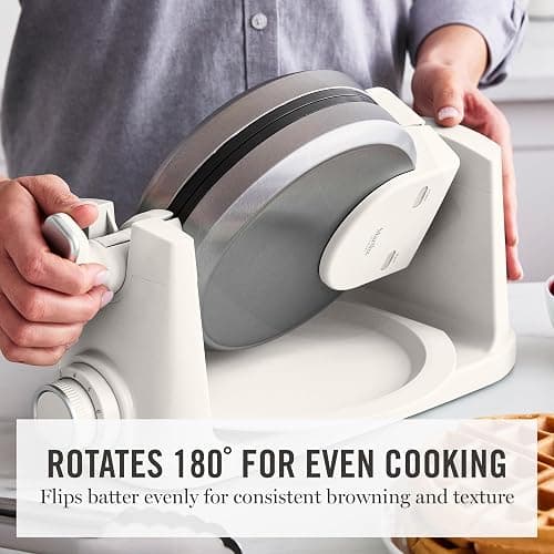 Martha Stewart Rotating Waffle Maker, Ceramic Nonstick Plates, Linen Cream | PFAS-Free Ceramic Nonstick 1" Deep Plates, 180° Flip for Even Browning, Classic Round Waffles, Crisp Level Timer, Drip Tray thumbnail 4