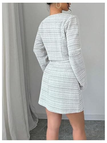 SOLY HUX Women's 2 Piece Plaid Long Sleeve Button Cropped Jacket Dress Set | 2 Piece Outfits, Tweed Set, Button Down, Sleeveless Mini Dress Sets thumbnail 2