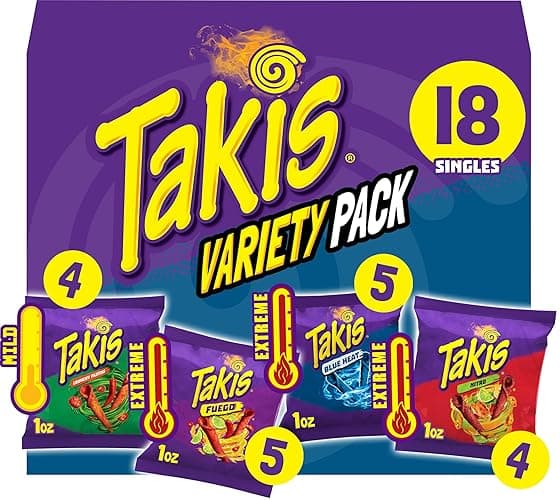 Takis 18 pc / 1 oz Variety Pack, Assorted Flavored Mixed Rolled Tortilla Chips – (5) Fuego, (5) Blue Heat, (4) Nitro, (4) Crunchy Fajitas - Image 1