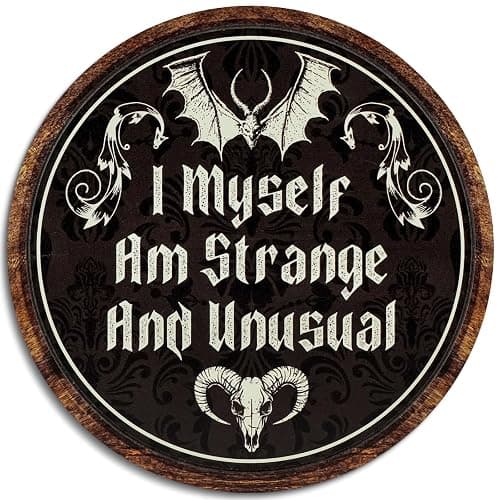 Putuo Decor Gothic Bedroom Decor Wood Witchy Wall Decor - I Myself Am Strange And Unusual Plaque - Antique Academia Wall Art Creepy Bat Wall Art Prints Scary Picture Witch Decoration For Bedroom - Image 1