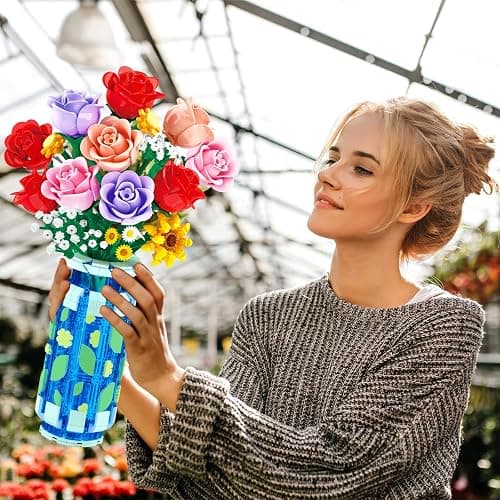 CUBIMANA Roses Flowers Building Set with Vase & LED Light, Mother's Day 16 Mini Flowers Bouquet Botanical Building Blocks Toy, Birthday Gifts for Adults, Artificial Flowers for Home Decor & Display thumbnail 9