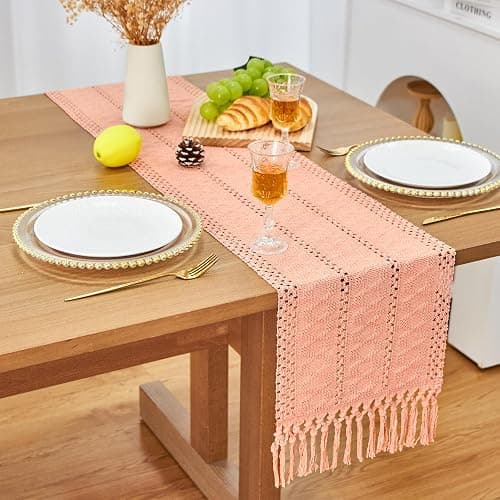 FEXIA Pink Table Runner 72 Inches Long with Tassels Boho Farmhouse Macrame Summer Pink Room Dining Bedroom Baby Bridal Shower Decor(12x72 Inches) thumbnail 4