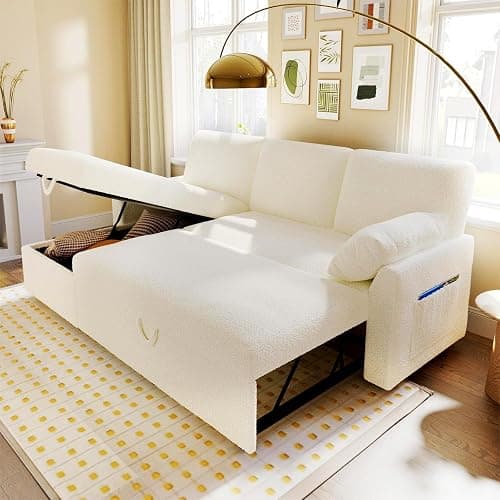 VanAcc Sofa Bed, Sleeper Sofa- 2 in 1 Pull Out Couch Bed with Storage Chaise for Living Room, White Sherpa 84in x 59in x 39in - Image 1