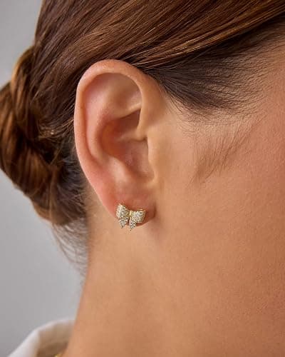 PAVOI 14K Gold Plated Dainty Flat Back Earrings for Women - Hypoallergenic Sterling Silver Posts Helix Cartilage Piercing Jewelry - Emoji Motif Bow Celestial Flatback Gold Stud Earrings Screw Back thumbnail 2