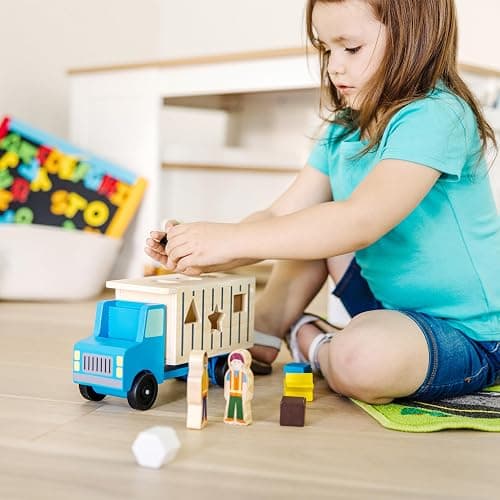 Melissa & Doug Shape-Sorting Wooden Dump Truck Toy with 9 Colorful Shapes and 2 Play Figures Wooden Vehicle Toys, Shape Sorter Toys for Toddlers Ages 2+ thumbnail 6
