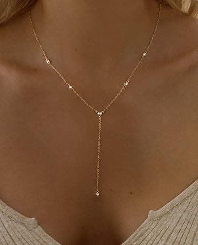 LuckFairy Lariat Necklace for Women，Dainty Gold Long Necklaces 14k Gold Plated CZ Lips Bead Y-Shaped Drop Chain Necklace Simple Gold Layered Necklaces for Women Trendy Gold Jewelry Gifts for Women thumbnail 2