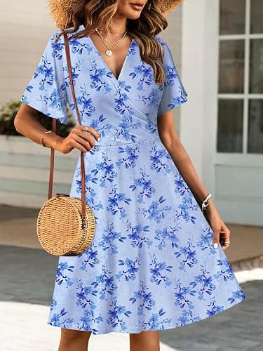 FENSACE Womens Sundress Summer Floral Short Sleeve Wrap V Neck A-Line Midi Dress thumbnail 3
