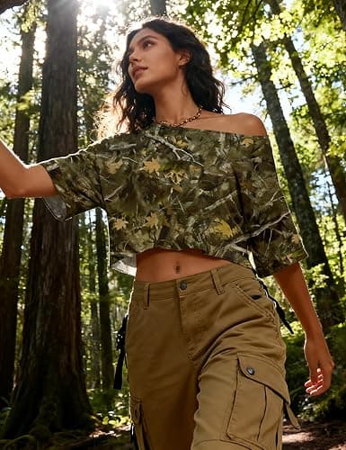 Kistore Off The Shoulder Tops for Women Going Out Short Sleeve Crop Top Boat Neck Loose T Shirt thumbnail 3