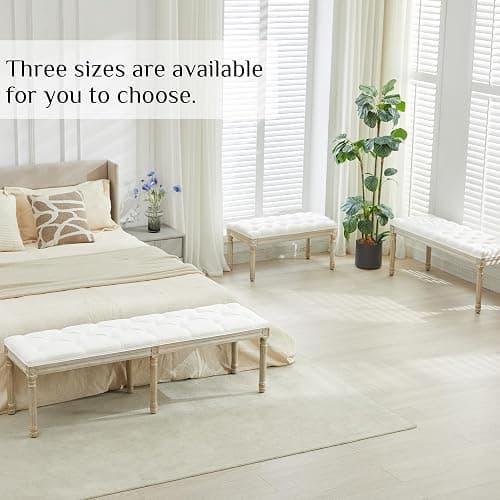 LOULENS 57.7" Linen Fabric End of Bed Bench, French Upholstered Button Tufted Bench for Bedroom End of Bed, Window Seat with Carved Wood Legs for Bedroom, Living Room, Entryway, White thumbnail 7