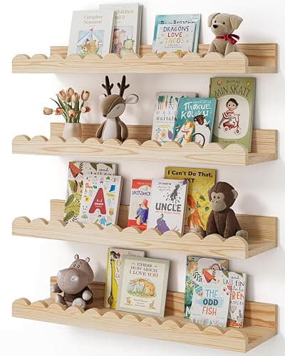 Shario Nursery Book Shelves, 4-Pack Wood Floating Shelves for Wall Kids, Scalloped Shelves, Wall Book Shelves for Bedroom Kids, Toddler Room, Baby Room, Nursery Decor(Wood, 16.5 Inches) - Image 1