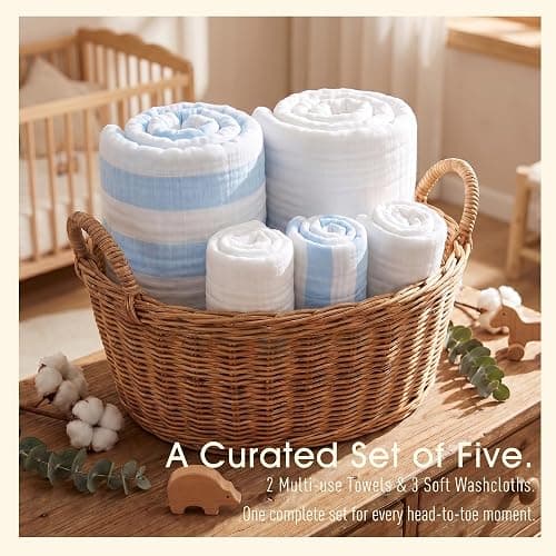 HardNok Organic Muslin Baby Bath Towel Blanket 5-Pc Gift Set - Blue Stripe | Features 41-43" 6-layer blankets, three washcloths newborn to toddler crib or stroller; curated shower registry gift for boys thumbnail 6