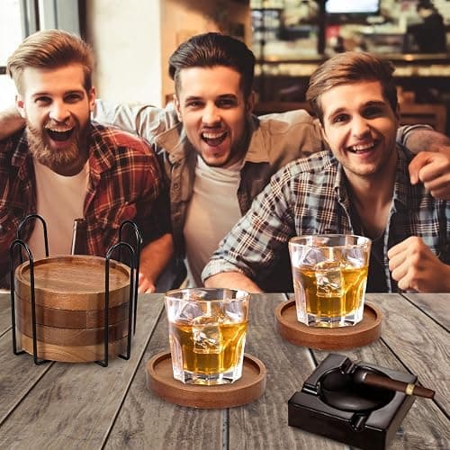 6 Pcs Best Wooden Coasters with Holder Coffee Table Decor Acacia Wood Coaster Set Modern Cup Coaster for Drink Home Dining Table Kitchen Accessories Cute Beer Bar Decorative Rustic Outdoor Coasters thumbnail 7