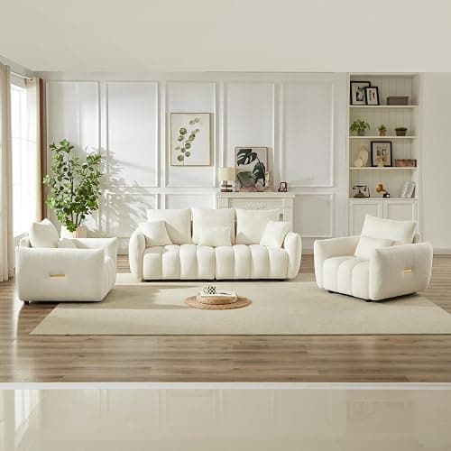 Wrofly Boucle Cloud Single Sofa Chair, Deep Seat with Pillow, Beige White | Deep-seat boucle chair with pillow, metal trim, sturdy frame (250lb), easy assembly. Great for living room thumbnail 7