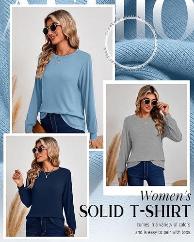 Ficerd 3 Pack Women's Long Sleeve Shirts, Cotton Crew Neck Tunic Tops Casual Loose Fit Pullover Sweatshirts Curved Hem Shirts thumbnail 2
