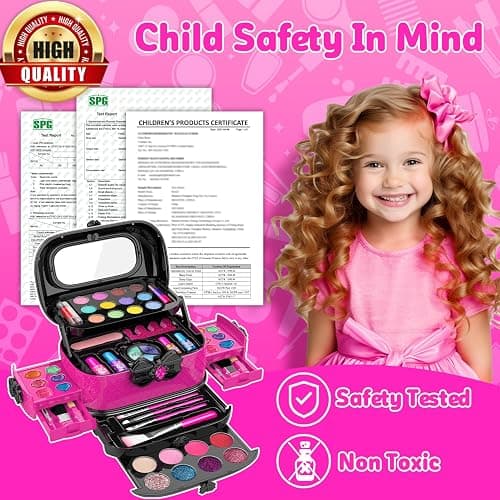 Hollyhi 58 Pcs Kids Makeup Toys Kit for Girls, Real Washable Make Up Set | Safety Material Certificates, Non-Toxic, Storage Case with Mirror, Birthday Gifts for 3 4 5 6 7 8 9 10 11 12 Years Old (Rose) thumbnail 5