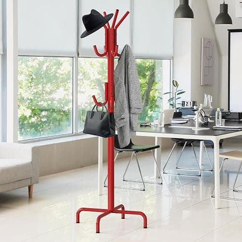 SIMPLE HOUSEWARE Standing Coat and Hat Hanger Organizer Rack, 12 Hooks, Red thumbnail 6