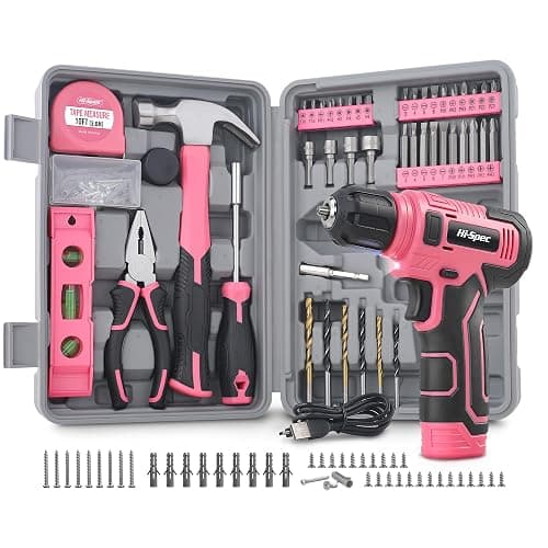Hi-Spec 8V Cordless Drill Set & Tool Kit for Women – Ladies Complete Rechargeable Electric Power Drill Driver with Starter Tools, Compact Hand Toolbox, Pink, Ideal for Home Projects - Image 1