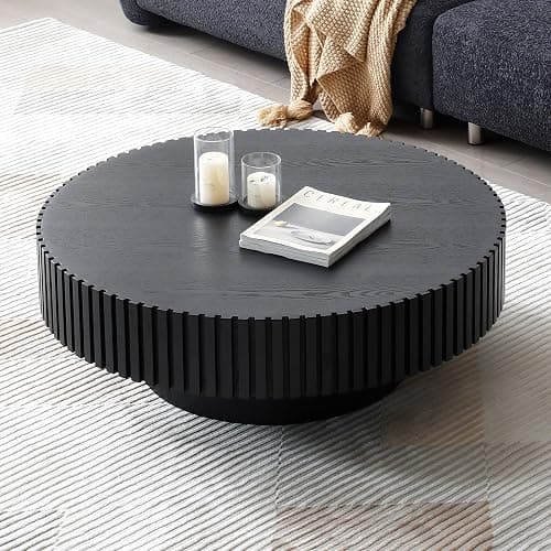 JUSTONE 31.5" Modern Farmhouse Black Round Coffee Table - Wood Drum Accent Table for Living Room,Handcrafted Relief Carving,ø31.5" x 13.8"H (Black) thumbnail 7